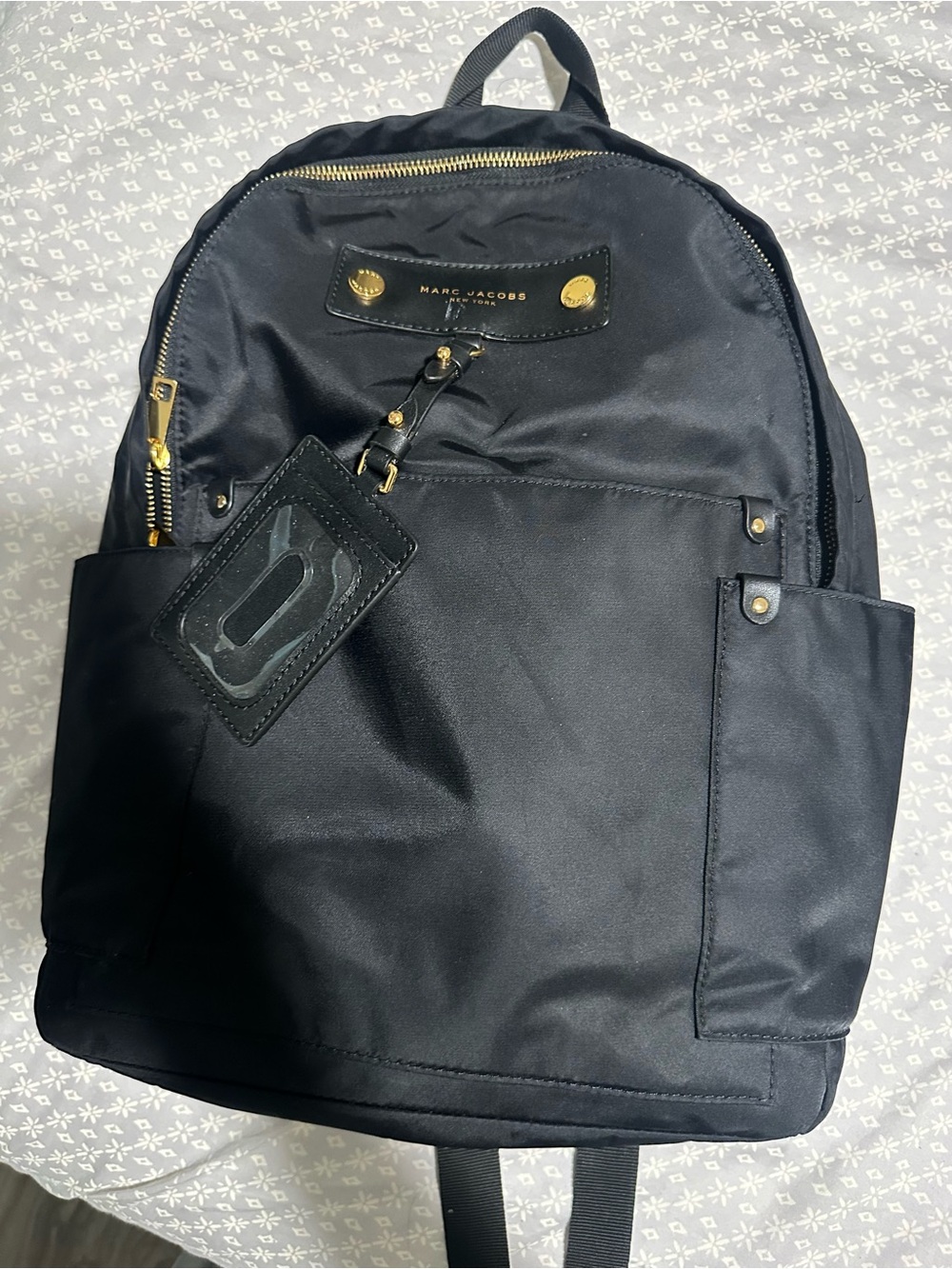 Marc Jacobs Black Nylon Backpack with Gold-Tone Accents and ID Tag